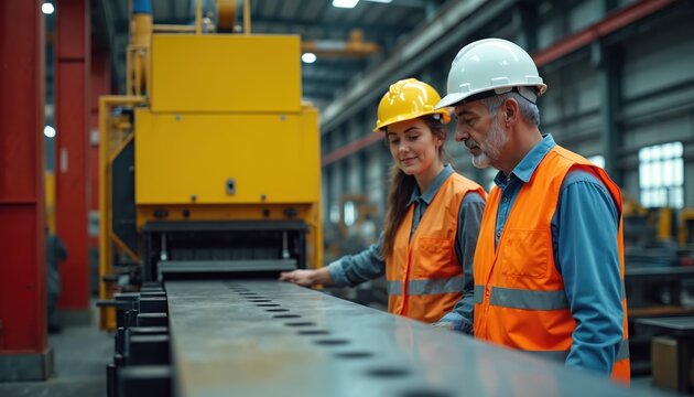 Man and woman factory workers inspect metal materials on machinery. Skilled team works together in industrial plant production line. They wear safety helmets and vests.