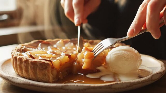 Close-up of hands cutting into a warm apple tart with a scoop of vanilla ice cream on a white plate with caramel sauce, in a cozy indoor setting.