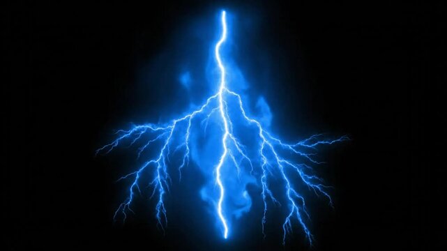 Powerful blue electric lightning strikes through swirling smoke effect with black background, energy burst