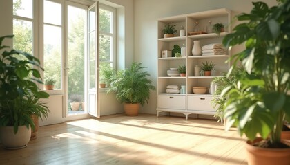 Fototapeta premium Bright room with many green plants and white shelf by open doors with garden view. Sunlight streams on wooden floor creating calm, airy atmosphere. Interior designed for relaxation and nature.