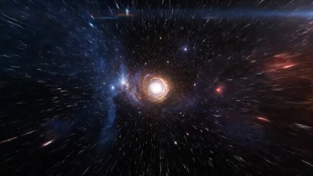 Epic wormhole interstellar journey through space towards the galactic center of the universe showcasing cosmic travel