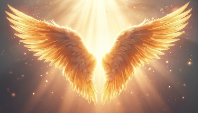 Golden angel wings glow with heavenly light. Intricate feathers shine, particles sparkle in bright sunbeams. Spiritual symbol of divine protection and peace, angelic presence.