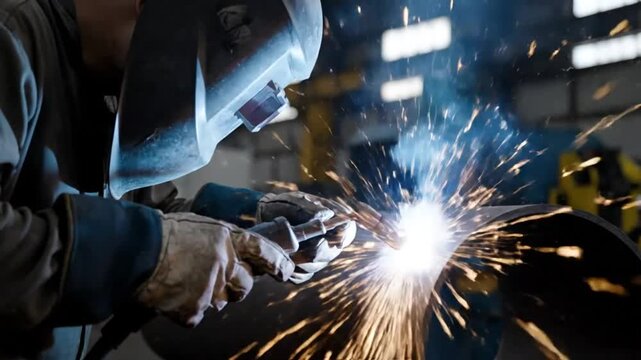 Industrial welder using a welding torch to join metal pieces together with bright sparks in a metal workshop.