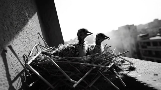 Black and White Close Up of Two Baby Birds in a Nest on a City Building Ledge, Seeking Food