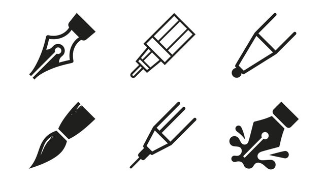 Artistic Writing and Drawing Tools Icon Set Featuring Fountain Pen Nib, Paintbrush, Technical Pen, and Ink Splatter Symbols