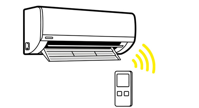Modern air conditioner with remote control icon illustrating smart home cooling technology and comfortable climate management system