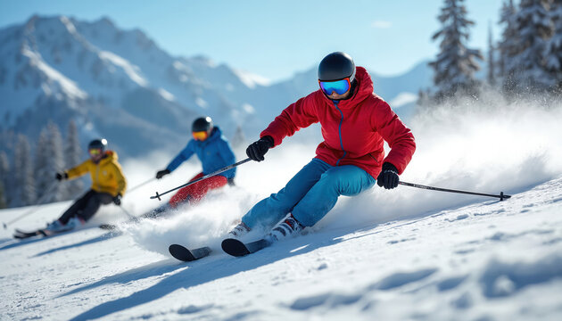 Skiers descend snowy mountain slope. People ski fast on powder snow, enjoying winter sport activity. Mountain peaks and trees in background.