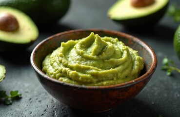 Obraz premium Freshly made guacamole in a rustic bowl, with sliced avocados nearby. Creamy green dip ready for serving. Perfect for healthy meals, snacks or appetizers. Natural food for a balanced diet.
