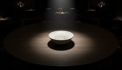 Obraz premium Dramatic spotlight illuminates a solitary bowl of perfectly cooked white rice, presented elegantly on a large dark wooden table within a luxurious, empty dining space