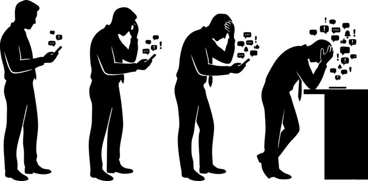 Smartphone addiction causing stress and mental overload, social media anxiety progression silhouette set