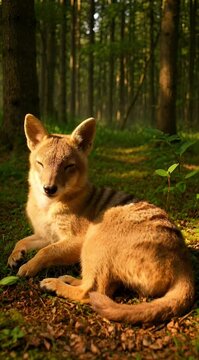 A dingo lies relaxed in forest