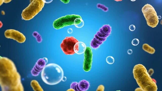 Microscopic view of various bacteria and cells floating in liquid with bubbles and a blue background