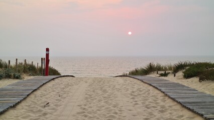 Coucher de soleil rouge au-dessus d'une plage de la presqu'île du Cap Ferret vu depuis le haut de la dune un soir d'été (côte atlantique) © Arnaud