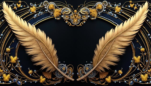 Ornate golden feathers frame a dark space, adorned with pearl and gem embellishments. Intricate gold beadwork with butterfly motifs and sapphire-like gems creates a luxurious, vintage feel.