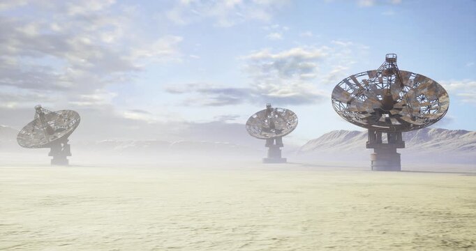 isolated radio antennas in misty landscape giant parabolic dishes standing across flat plain, low visibility with diffused light, minimalist composition, cool
