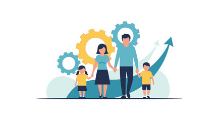 Fototapeta premium Family with gears and upward trending arrow symbolizing growth.