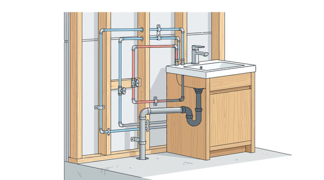 Bathroom Sink Plumbing Installation Diagram Showing Water Pipes and Drain System in Wall Frame