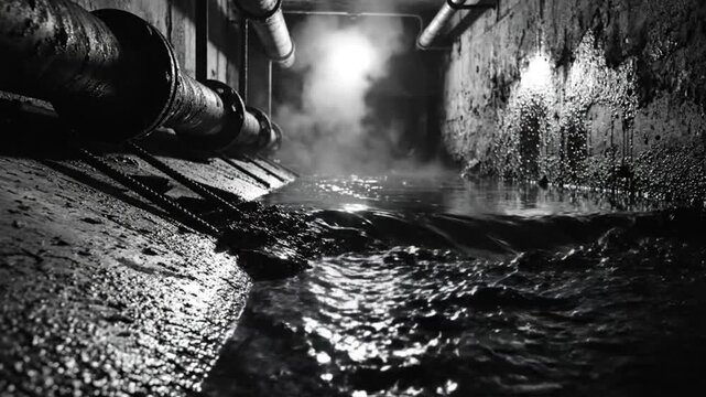 Dark and mysterious sewer tunnel scene with flowing water and steam rising, monochrome