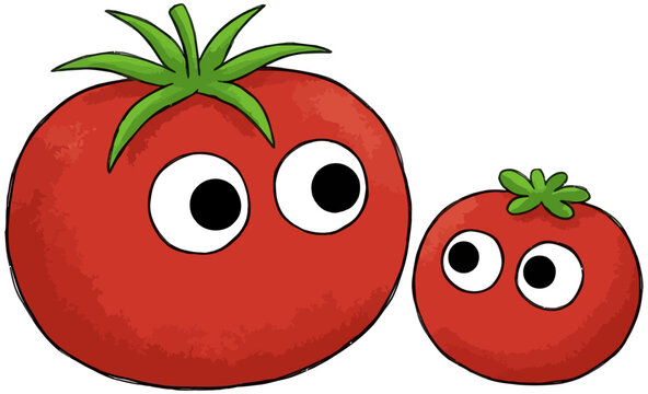 Two charming cartoon tomatoes one large and one small with big googly eyes and green stems depicted in a delightful and playful illustration style food fruit vegetable red