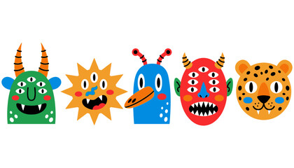 Naklejka premium Five colorful stylized cartoon monsters and a leopard face arranged horizontally each with multiple eyes and unique features creature alien fantasy funny illustration character