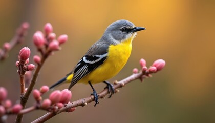 Obraz premium Small yellow and grey bird sits on a branch with pink flower buds. Soft focus background of warm yellow and green colors. Delicate avian life in natural setting.