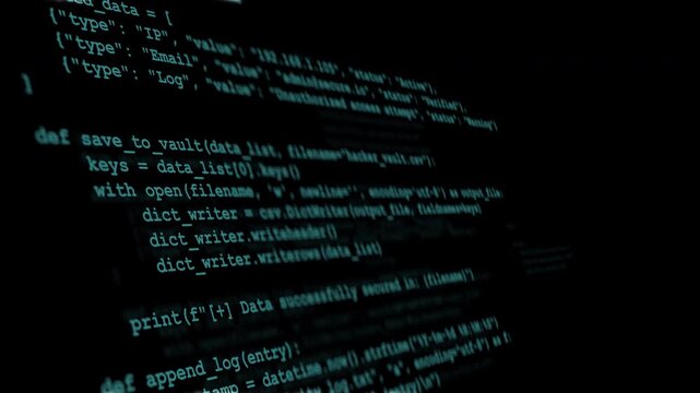 Glowing cyber security programming code on dark screen