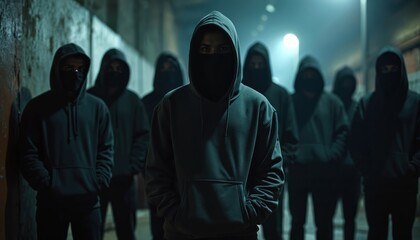 Obraz na płótnie Canvas Group of masked youths in hoodies stand in dark alleyway. Teenagers gather at night, hooded figures form a menacing pack. Young men pose together, representing gang or rebellion.