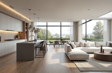 Fototapeta premium Modern open plan home interior with kitchen island dining table and sofa. Large windows show green landscape with lake. Luxury living space with natural light.