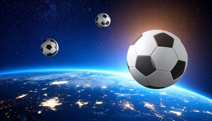 Fototapeta premium Global football theme with orbiting balls and glowing continents