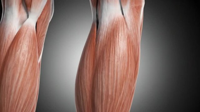 Anatomical Render of the Human Leg Muscles Showing Detailed Muscle Structure and Tendons against a Dark Background