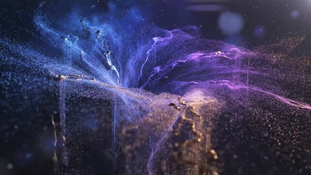 Abstract particle fluid flow simulation of colorful cosmic energy swirling and pouring into a vortex