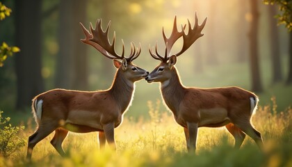 Obraz premium Two stags touch noses in summer forest bathed in golden light. Wild deer stand close together in lush green meadow, showing natural bonding and companionship in woodland habitat.