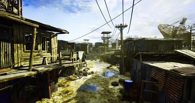 golden hour corridor through corrugated settlement, wide view of sunlit path flanked by shacks and utility poles, shimmering puddles and long shadows create