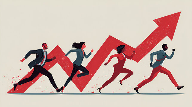 Upward trending performance. Four people running with a red arrow. Illustration material of business people running towards growth. Stock Vector