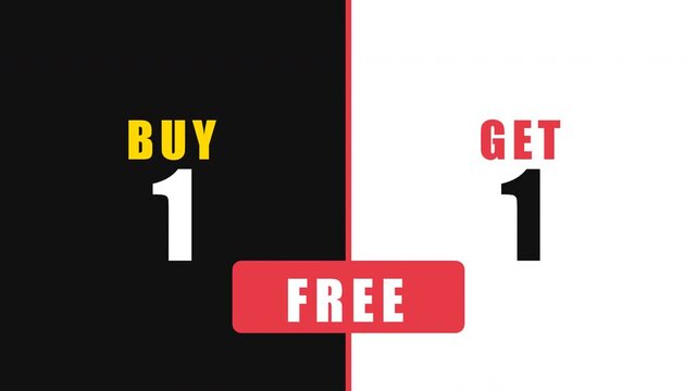 Buy 1 Get 1 Free promotional banner, retail sales marketing animation with bold typography, commercial discount offer on split black and white background, special deal motion graphic