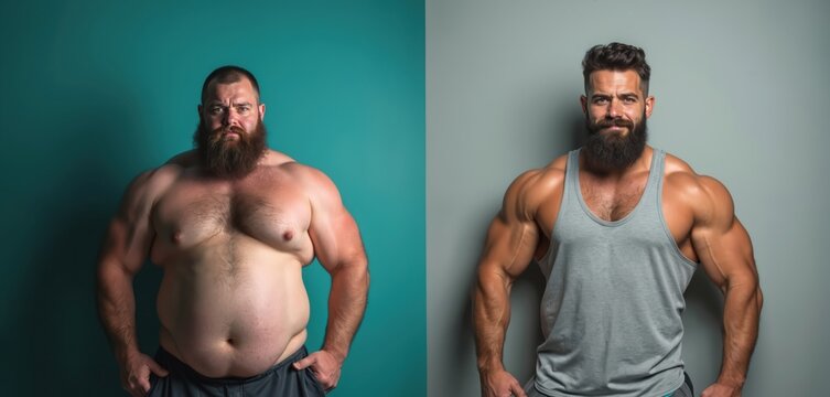 Man shows drastic body change from overweight to muscular physique. Side by side comparison visualizes weight loss fitness journey success and body transformation achieved through diet and exercise.