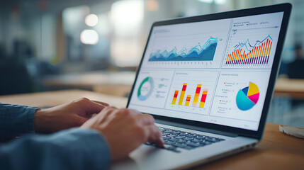 Fototapeta premium Web analytics dashboard. Marketing data visualization. Statistical graphs and reports. Businessperson analyzing website traffic using a laptop computer.