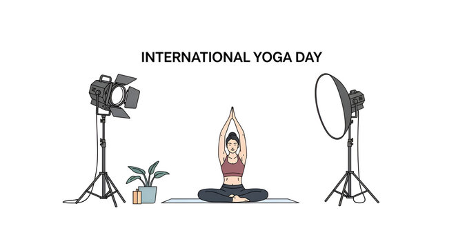 Woman practicing yoga in lotus pose, international yoga day celebration, studio lighting setup, promoting wellness and healthy lifestyle
