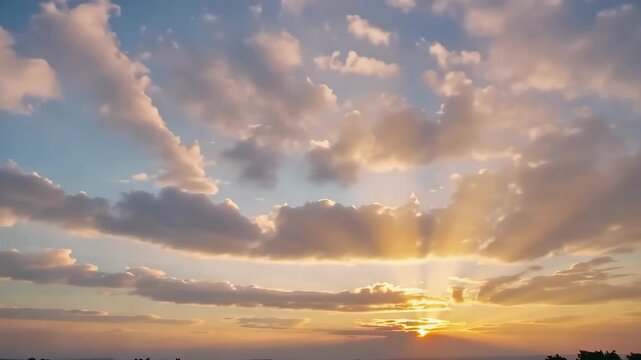 Golden dramatic sunset with layered clouds glowing orange and red, slow cinematic cloud movement, epic atmospheric mood, 4k