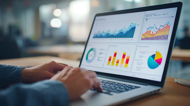 Web analytics dashboard. Marketing data visualization. Statistical graphs and reports. Businessperson analyzing website traffic using a laptop computer.