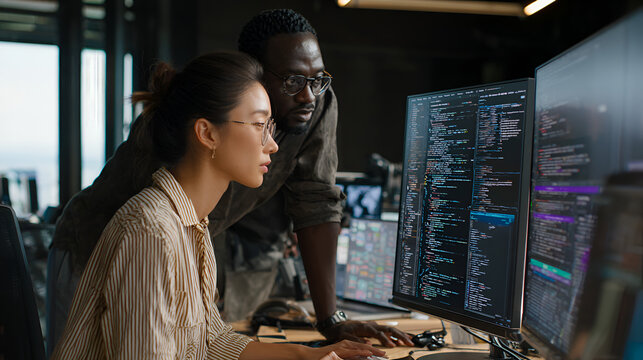 With Screen Setup Showing AI Code and Model Visualization, Female Developer Works Closely with a Black Team Leader Standing Beside Her, Discussing Improvements and Refinements to Their AI System