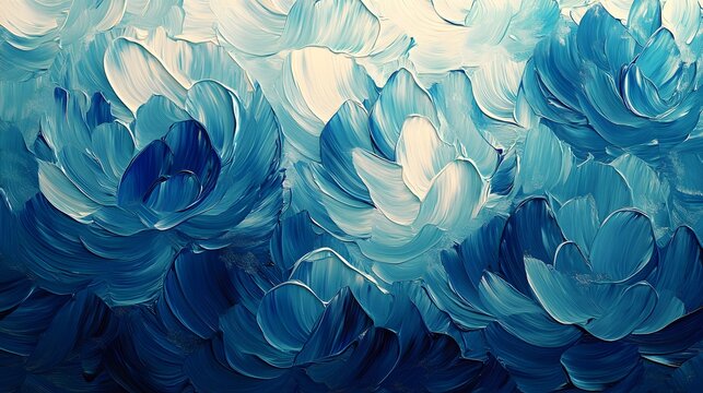Textured oil painting showcases abstract blue flowers blooming in a rhythmic composition.