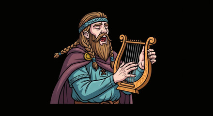 Obraz premium Viking Musician Playing Harp with Braided Beard and Purple Cape
