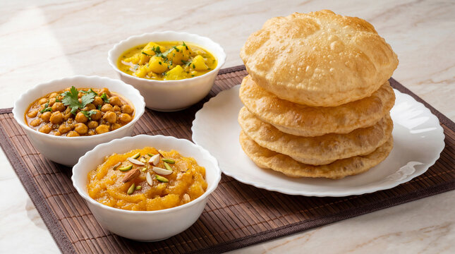 A stack of indian fried bread called puri served with three bowls of curry and vegetables on a brown mat