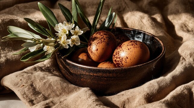 Greek Orthodox Easter tsoureki with glossy braided crust, red eggs nestled into the dough, olive branches, and white linen cloth, elegant festive table styling, soft Mediterranean daylight