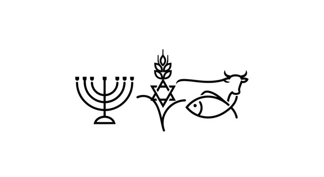 Jewish Symbols: Menorah, Star of David, Wheat, Cow and Fish Icons