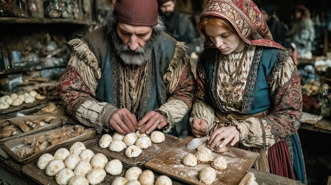 Romanian village courtyard on Easter morning with family members blessing food, wearing traditional clothing, and setting out bread and eggs, culturally rich atmosphere
