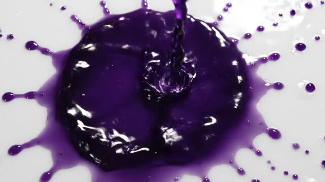 Mesmerizing close up of purple liquid splashing on white surface, slow motion and artistic abstract concept