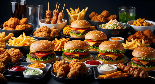 Abundant fast food feast burgers fried chicken and sides galore
