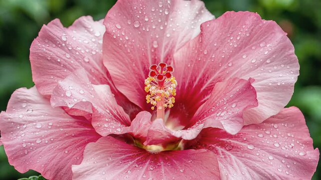 Closeup of a beautiful pink hibiscus flower blooming with water droplets.